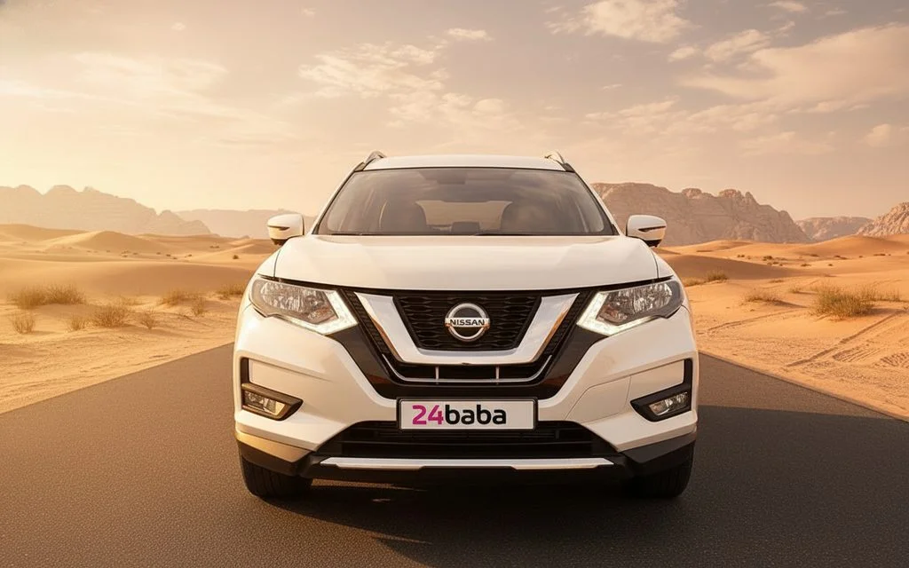 Nissan Rogue 2025 White front view with headlights – rental in Dubai