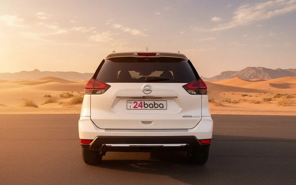 Nissan Rogue 2025 White rear view showing taillights – rental in Dubai