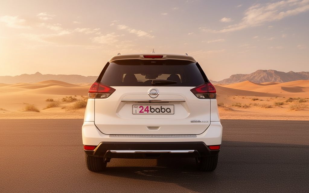 Nissan Rogue 2025 White rear view showing taillights – rental in Dubai