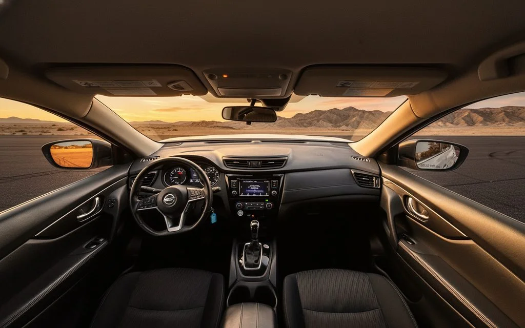 Nissan Rogue 2025 interior view showing trim – rental in Dubai