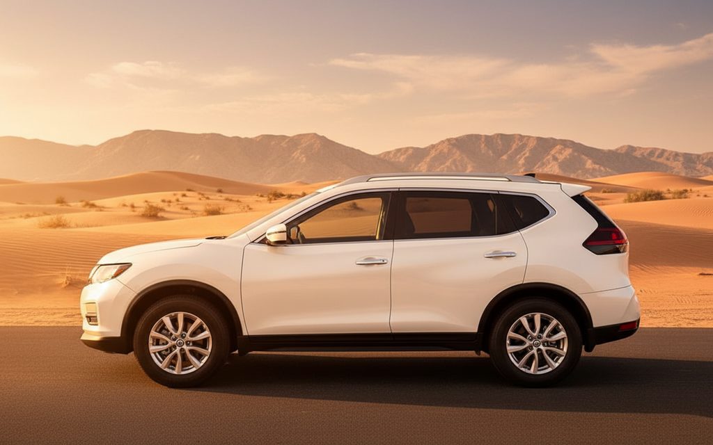 Nissan Rogue 2025 White side profile – rental in Dubai