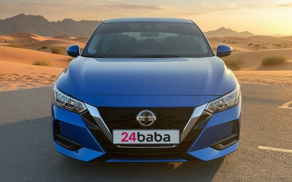 Nissan Sentra 2023 Blue front view with headlights – rental in Dubai