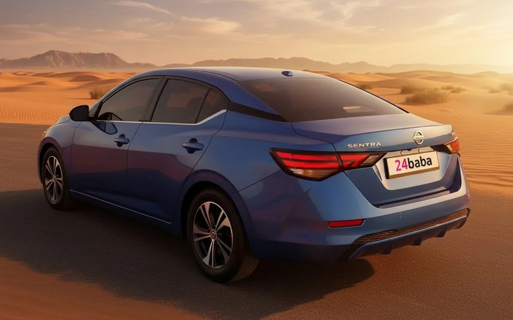 Nissan Sentra 2023 Blue rear view showing taillights – rental in Dubai