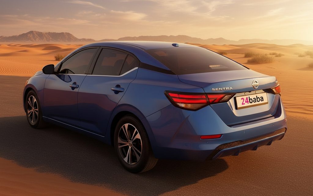 Nissan Sentra 2023 Blue rear view showing taillights – rental in Dubai