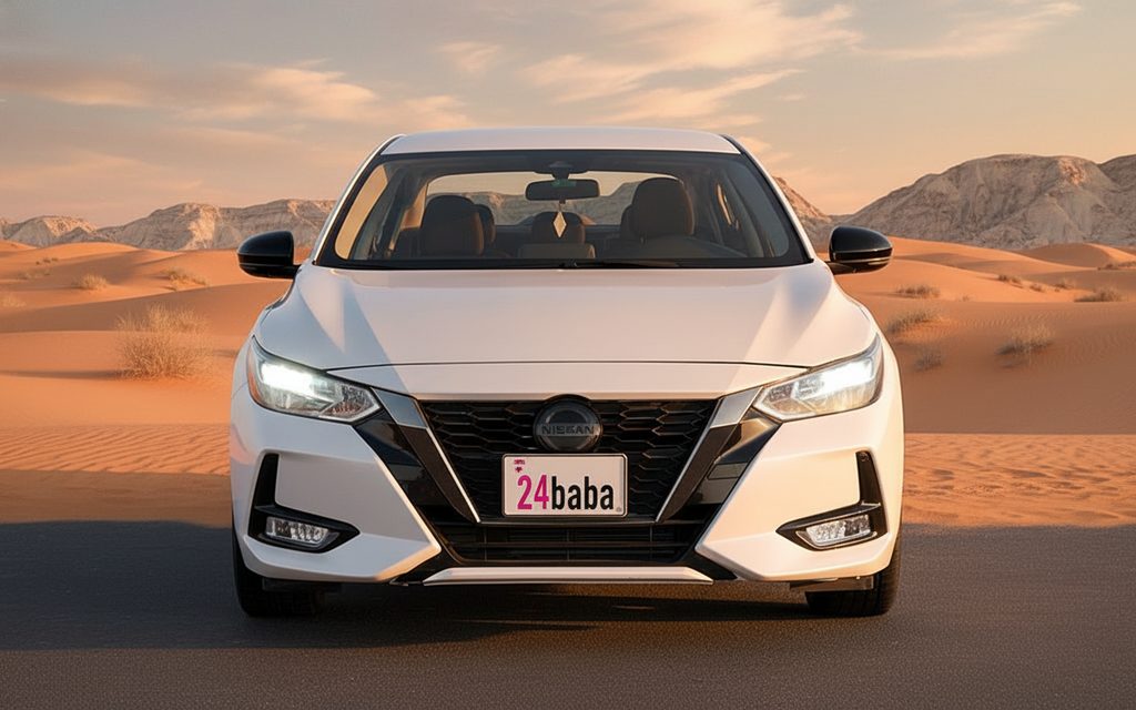 Nissan Sentra 2022 White front view with headlights – rental in Dubai