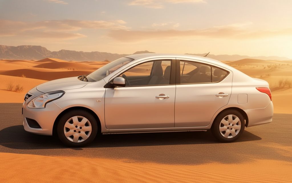 Nissan Sunny 2022 Silver side profile – rental in Dubai
