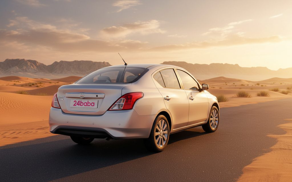 Nissan Sunny 2022 Silver rear view showing taillights – rental in Dubai