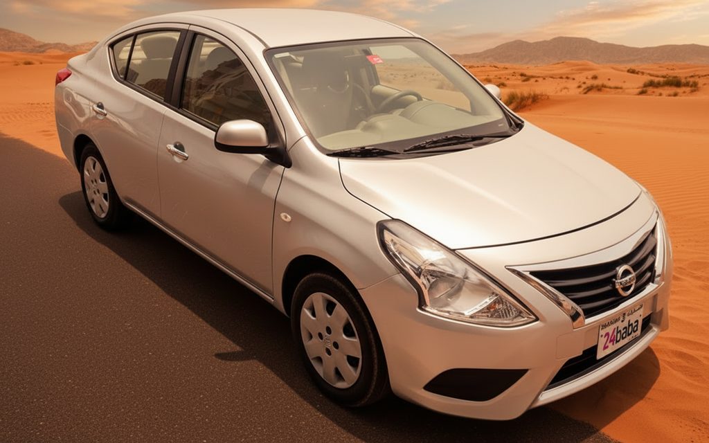 Nissan Sunny 2022 Silver front view with headlights – rental in Dubai