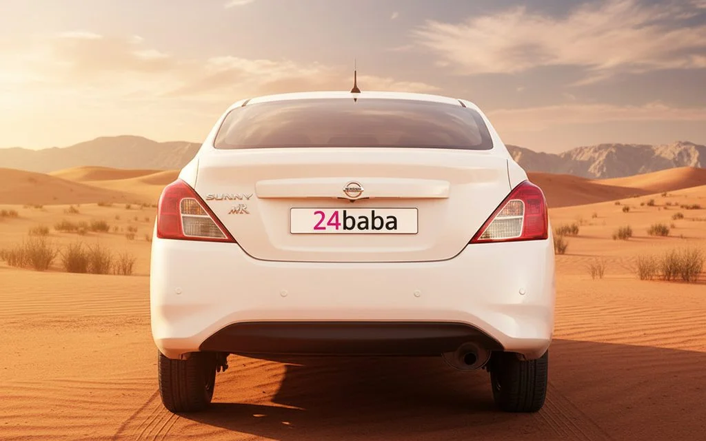 Nissan Sunny 2023 White rear view showing taillights – rental in Dubai