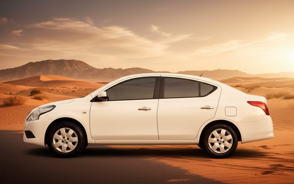 Nissan Sunny 2023 White side profile – rental in Dubai