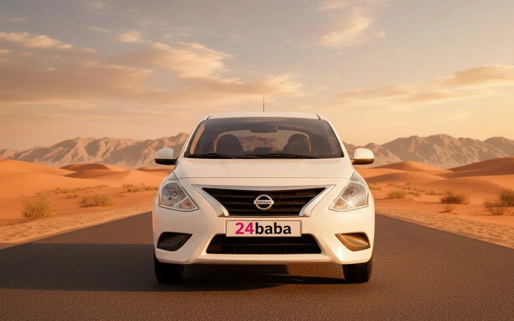 Nissan Sunny 2023 White front view with headlights – rental in Dubai