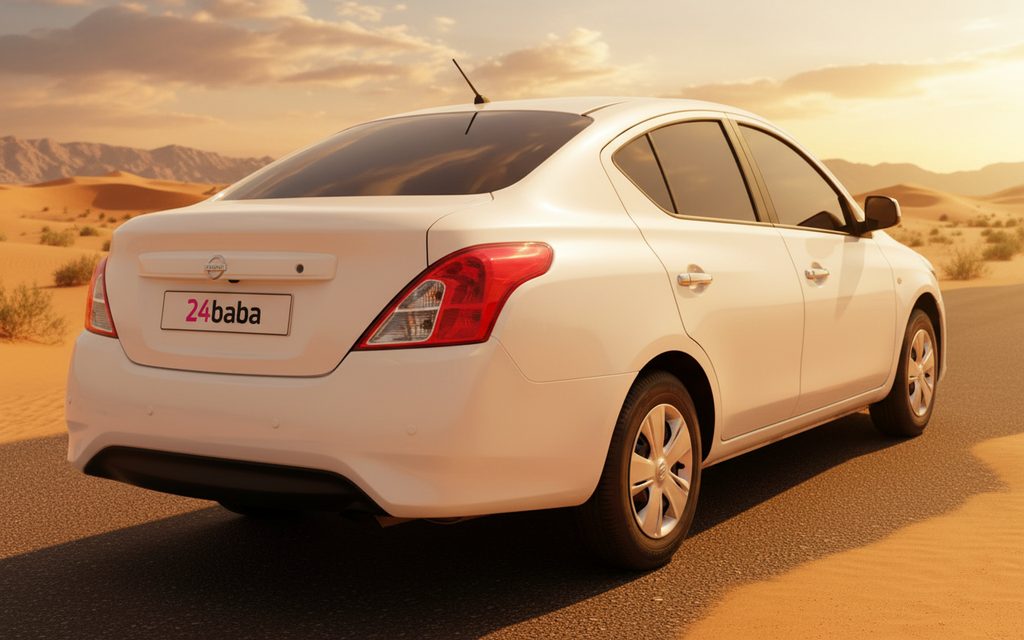 Nissan Sunny 2023 White rear view showing taillights – rental in Dubai