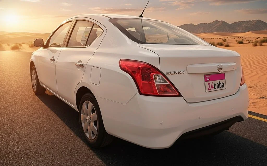 Nissan Sunny 2023 White rear view showing taillights – rental in Dubai