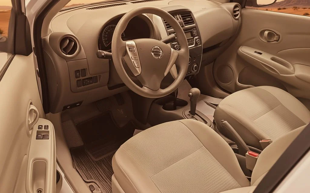 Nissan Sunny 2023 interior view showing trim – rental in Dubai