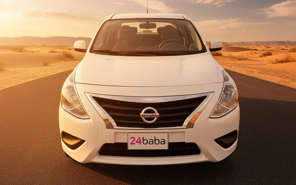 Nissan Sunny 2023 White front view with headlights – rental in Dubai