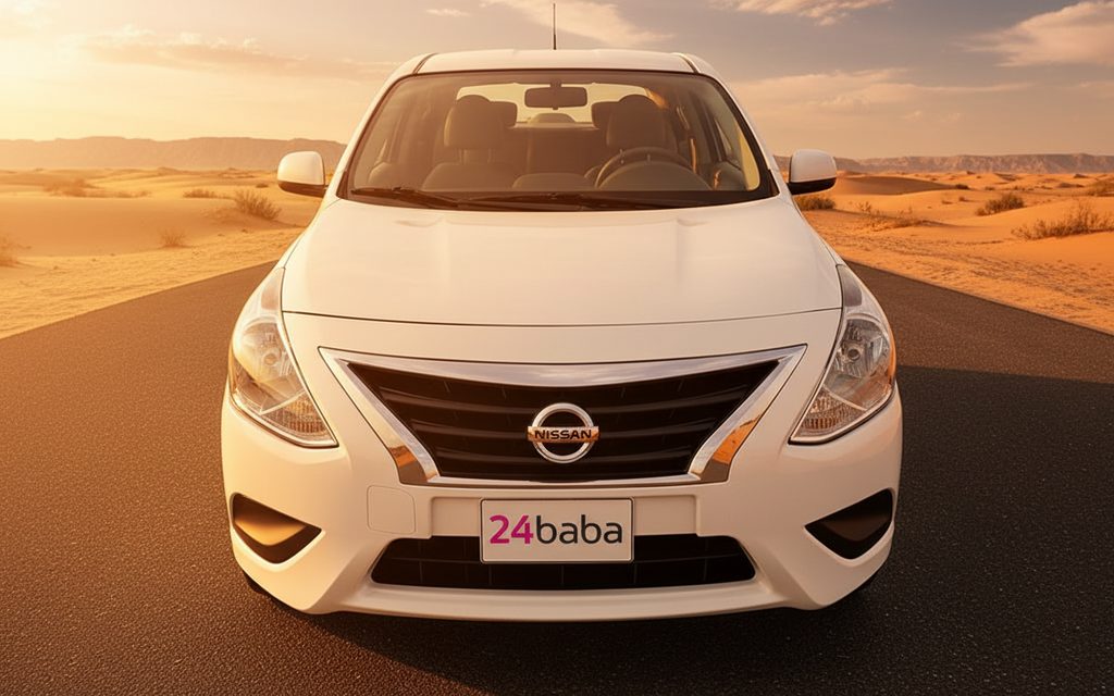 Nissan Sunny 2023 White front view with headlights – rental in Dubai