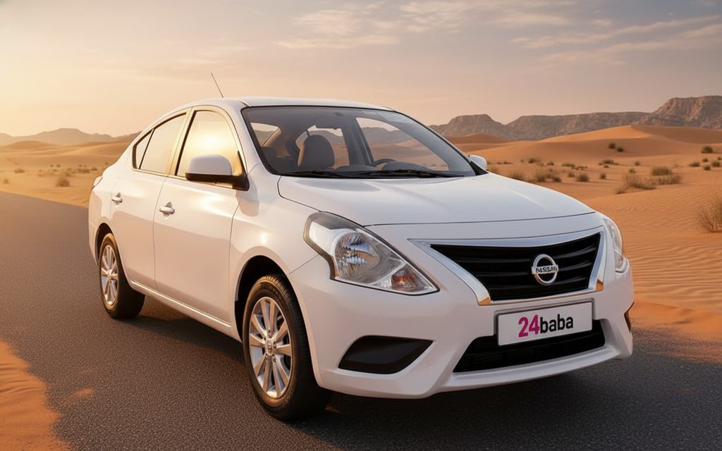 Nissan Sunny 2024 White front view with headlights – rental in Dubai