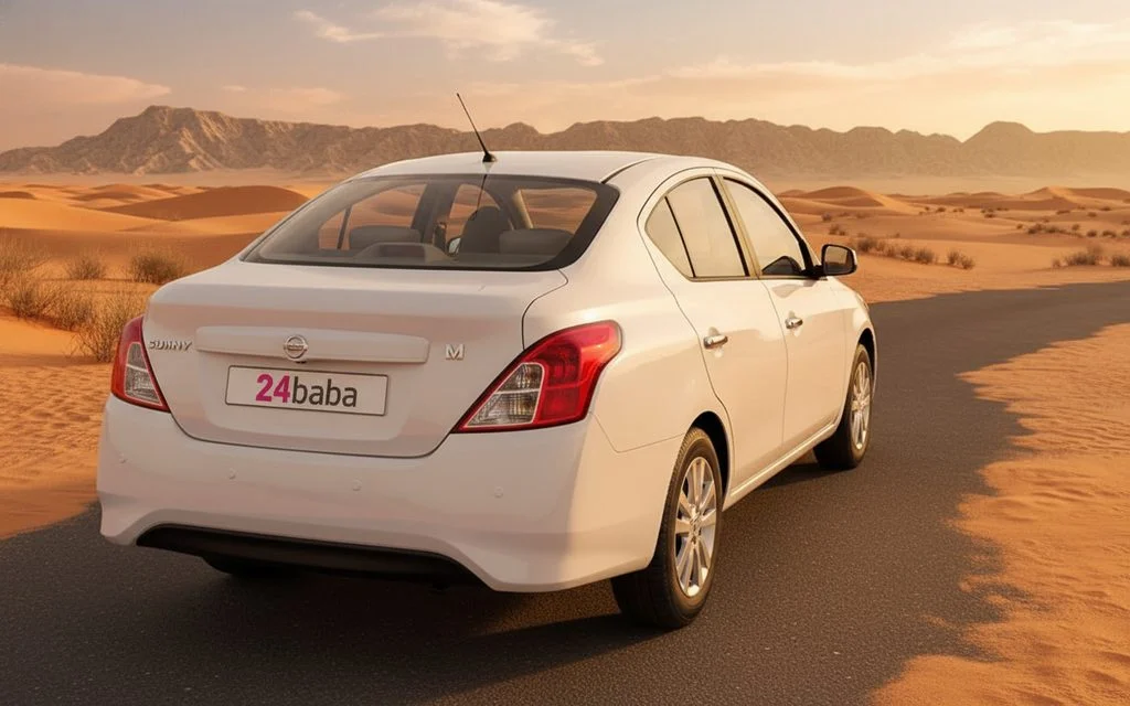 Nissan Sunny 2024 White rear view showing taillights – rental in Dubai