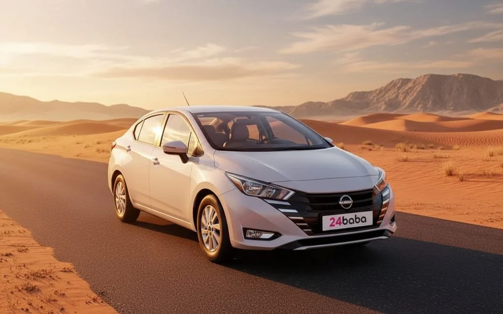 Nissan Sunny 2024 White front view with headlights – rental in Dubai