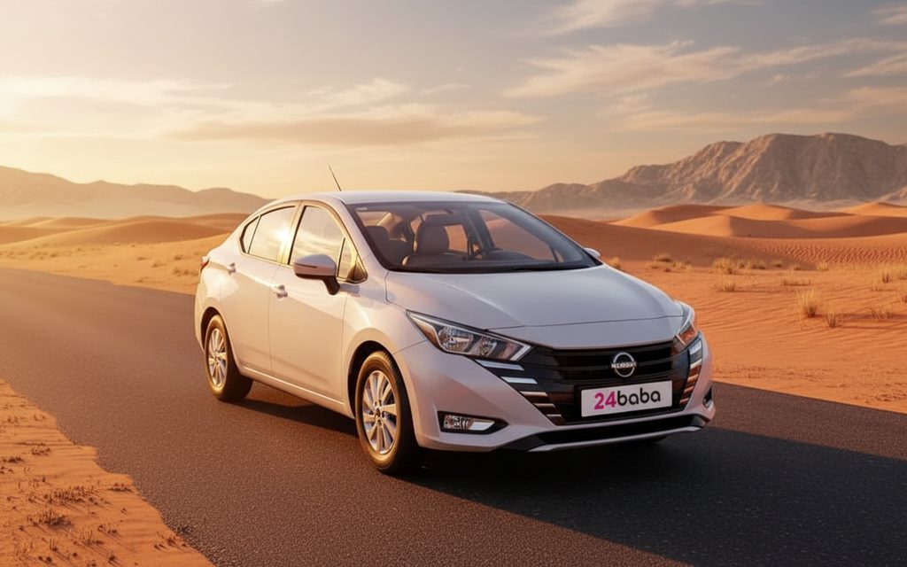 Nissan Sunny 2024 White front view with headlights – rental in Dubai