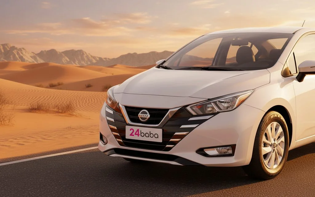 Nissan Sunny 2024 White front view with headlights – rental in Dubai