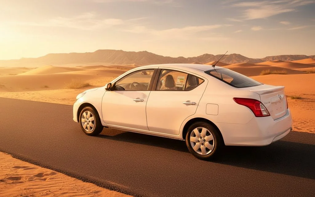 Nissan Sunny 2025 White rear view showing taillights – rental in Dubai