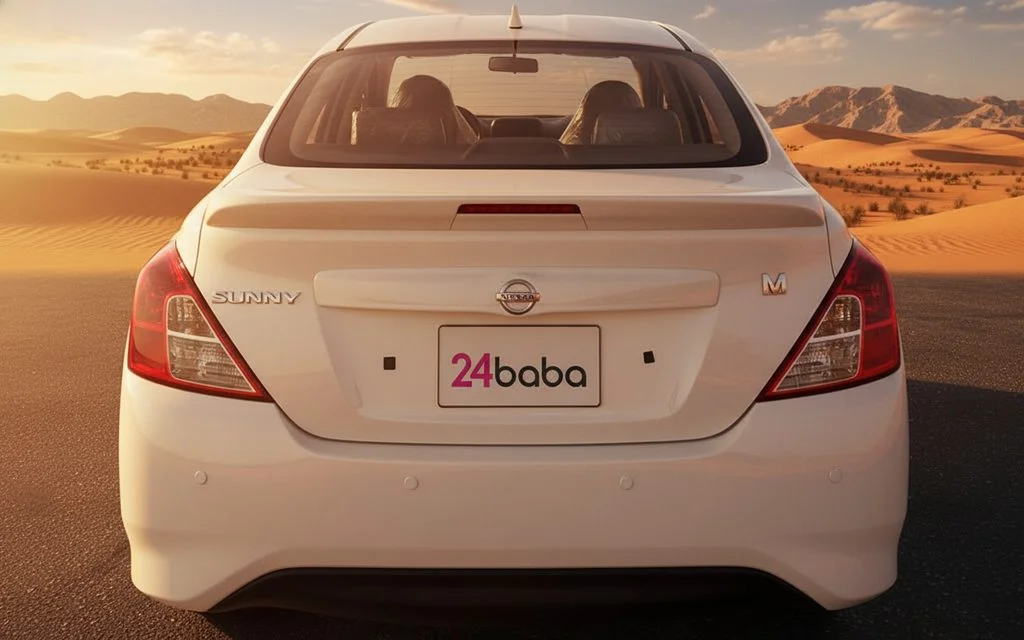 Nissan Sunny 2025 White rear view showing taillights – rental in Dubai