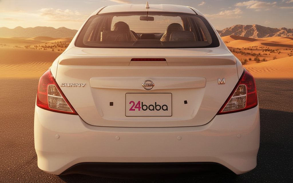 Nissan Sunny 2025 White rear view showing taillights – rental in Dubai