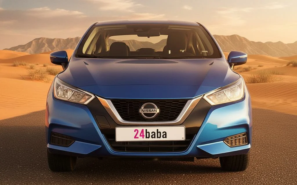 Nissan Versa 2021 Blue front view with headlights – rental in Dubai