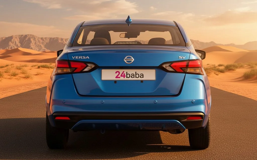 Nissan Versa 2021 Blue rear view showing taillights – rental in Dubai
