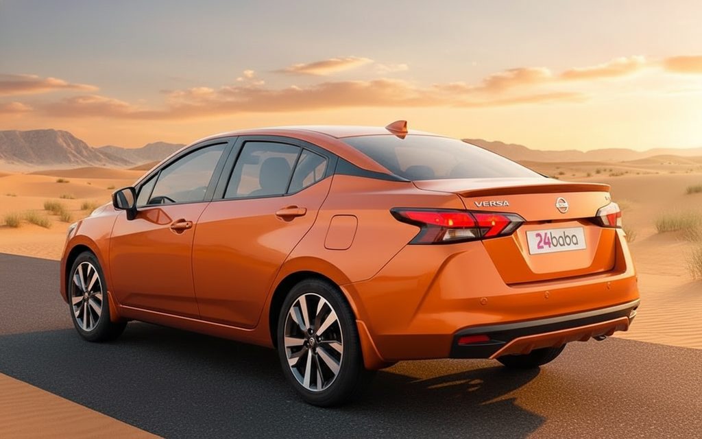 Nissan Versa 2020 Orange rear view showing taillights – rental in Dubai