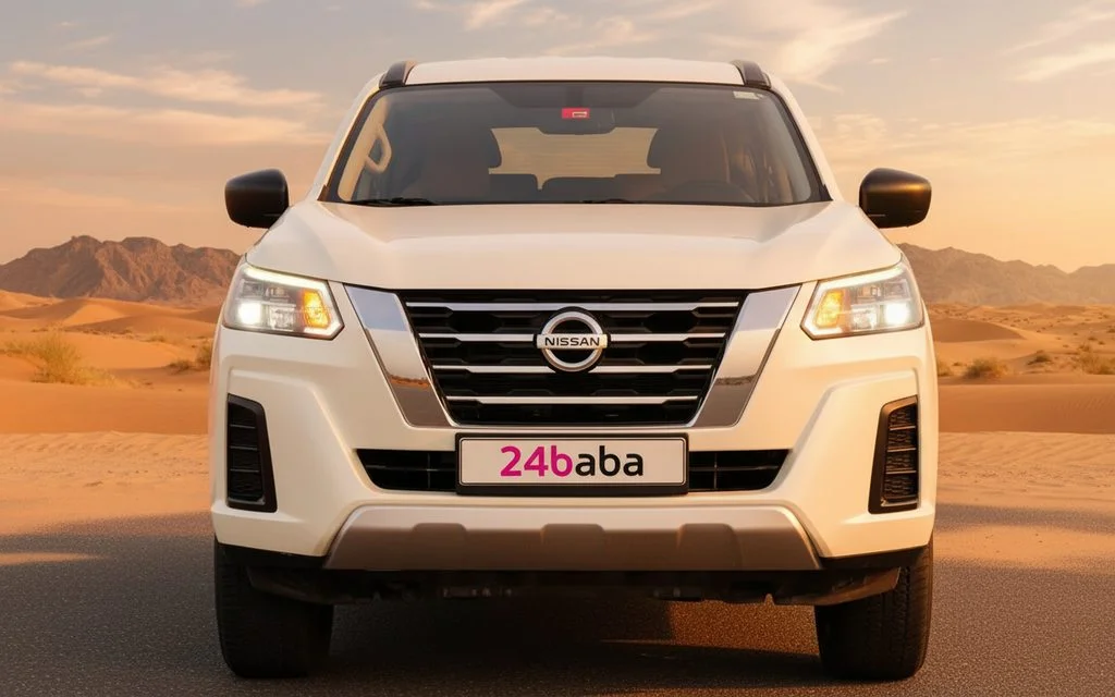 Nissan X Terra 2022 White front view with headlights – rental in Dubai