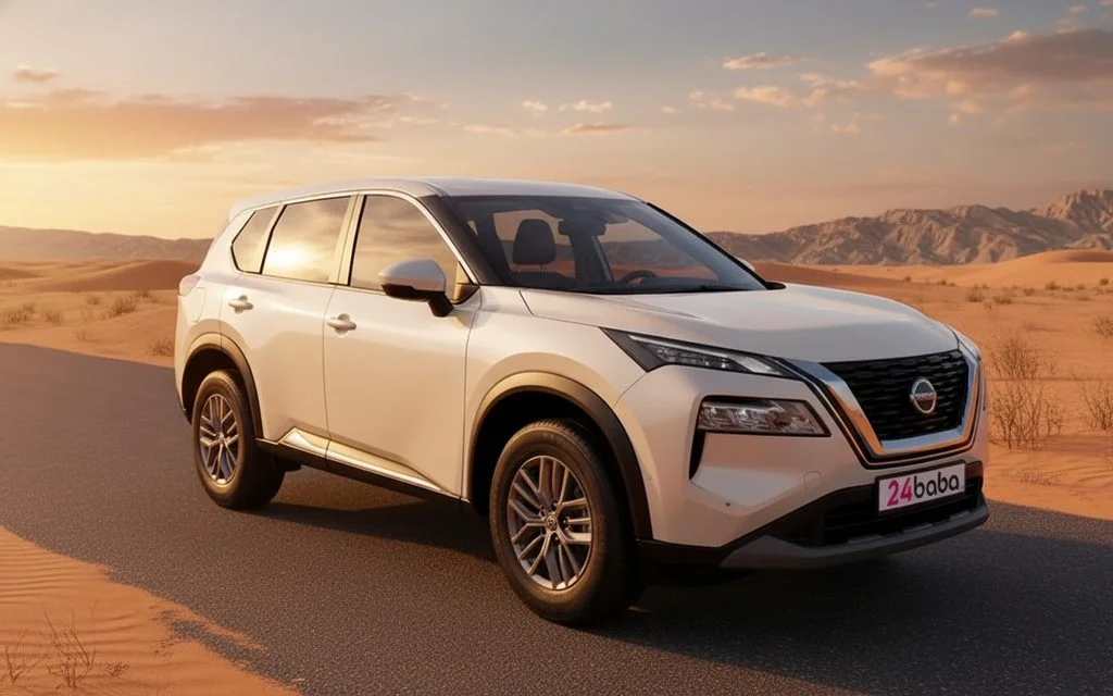 Nissan X Trail 2024 White front view with headlights – rental in Dubai