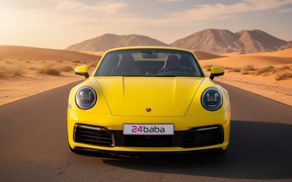 Porsche 911 2022 Yellow front view with headlights