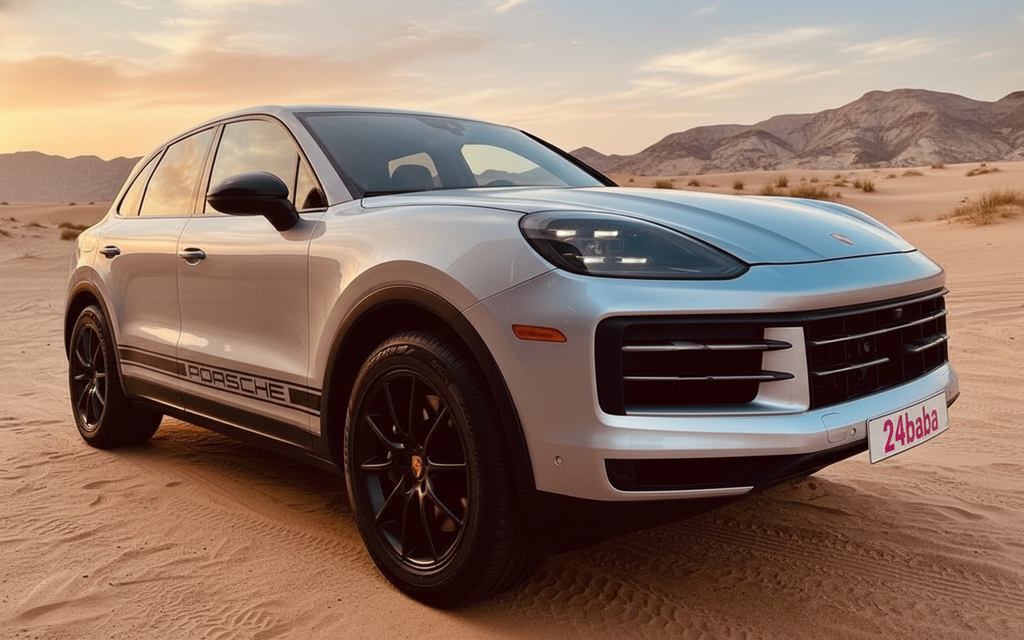 Porsche Cayenne 2024 Silver front view with headlights