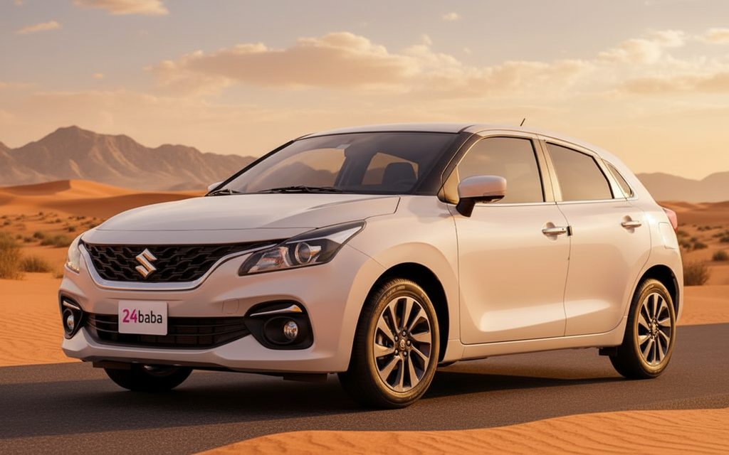 Suzuki Baleno 2023 White front view with headlights – rental in Dubai