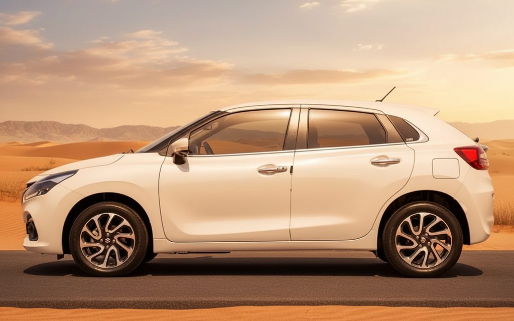 Suzuki Baleno 2023 White side profile – rental in Dubai