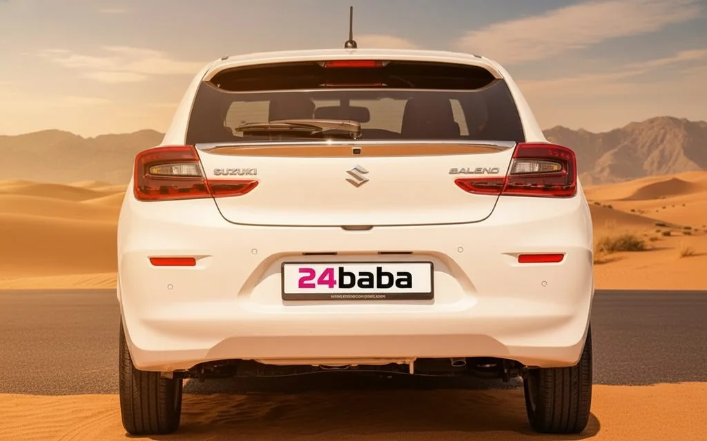 Suzuki Baleno 2023 White rear view showing taillights – rental in Dubai
