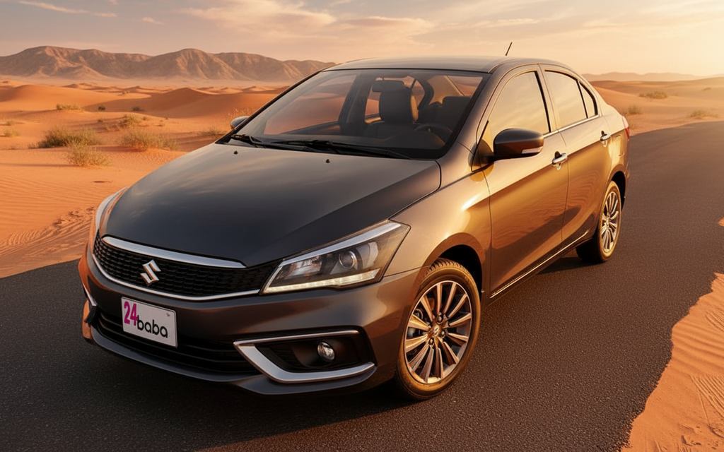 Suzuki Ciaz 2023 Grey front view with headlights – rental in Dubai