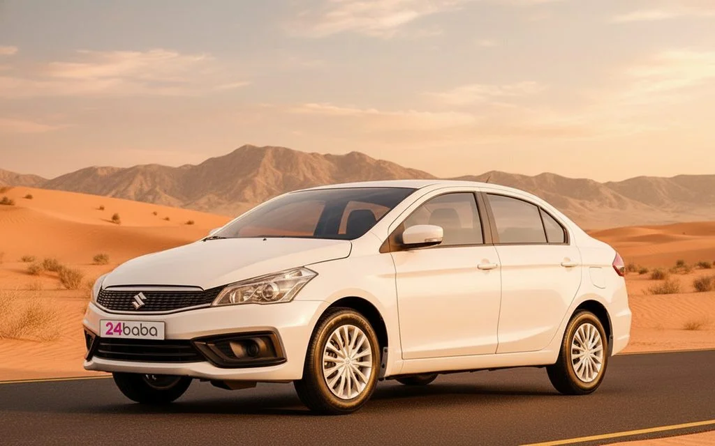 Suzuki Ciaz 2023 White front view with headlights – rental in Dubai