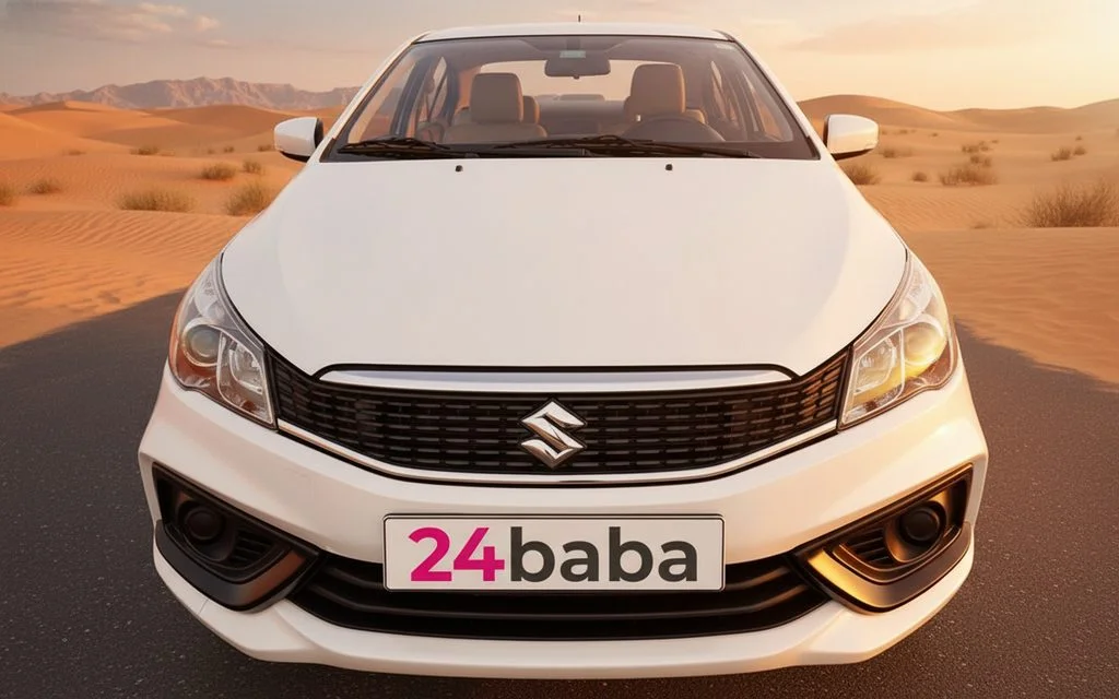 Suzuki Ciaz 2023 White front view with headlights – rental in Dubai