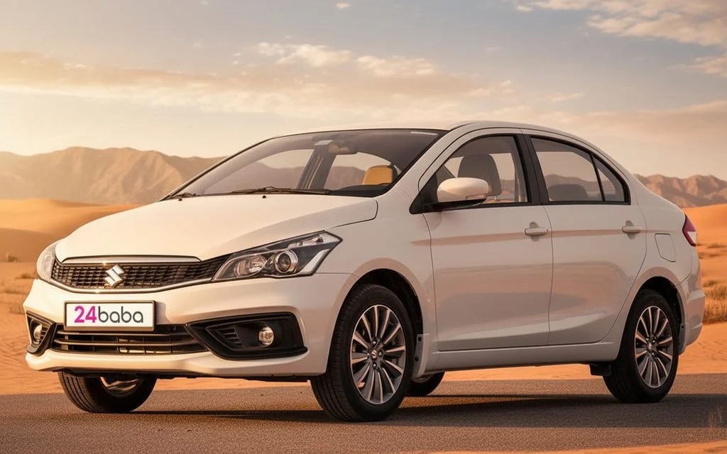 Suzuki Ciaz 2025 White front view with headlights – rental in Dubai