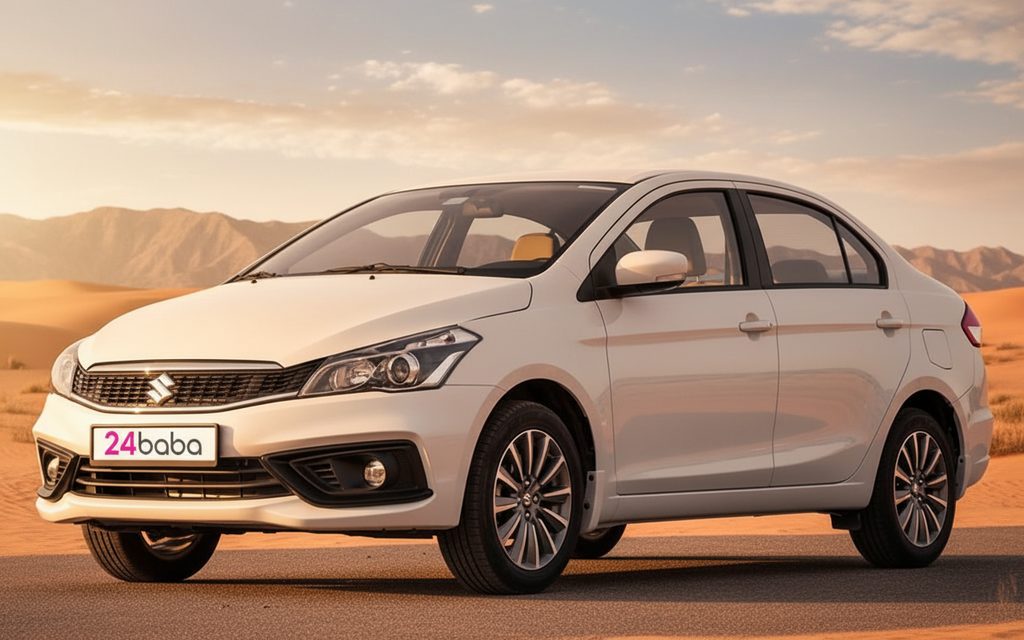 Suzuki Ciaz 2025 White front view with headlights – rental in Dubai