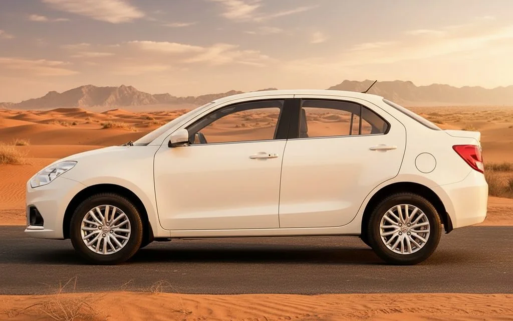 Suzuki Dzire 2024 White side profile – rental in Dubai