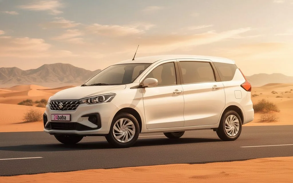 Suzuki Ertiga 2023 White front view with headlights – rental in Dubai