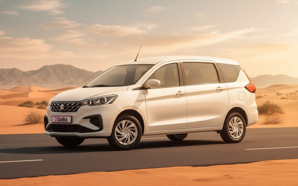 Suzuki Ertiga 2023 White front view with headlights – rental in Dubai
