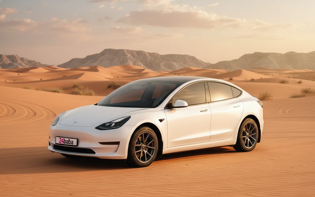 Tesla Model3 2023 White front view with headlights – rental in Dubai