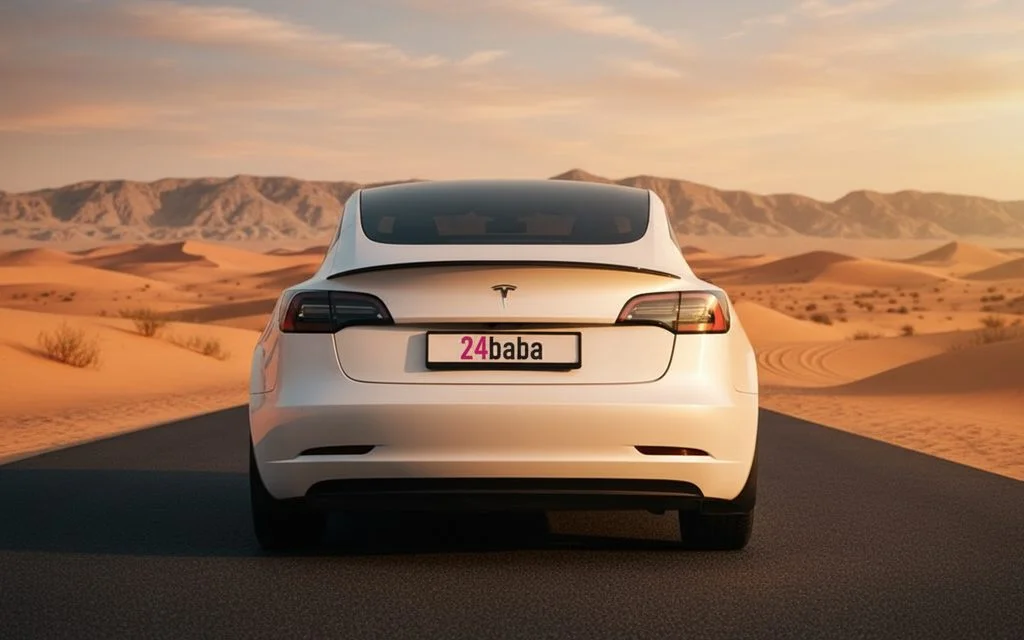 Tesla Model3 2023 White rear view showing taillights – rental in Dubai
