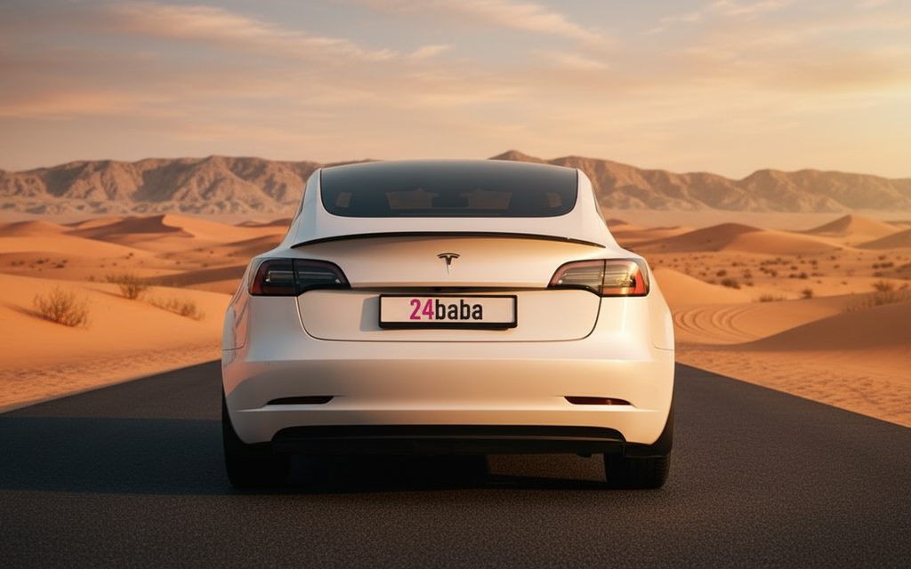 Tesla Model3 2023 White rear view showing taillights – rental in Dubai