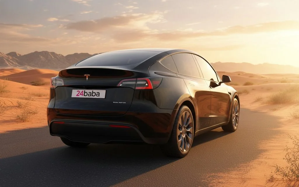 Tesla ModelY 2023 Black rear view showing taillights – rental in Dubai